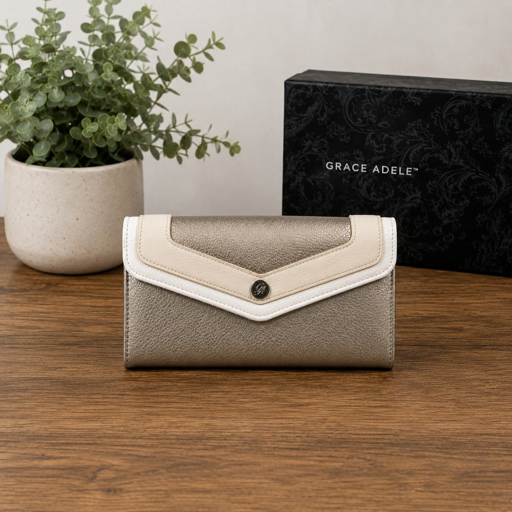 Grace Adele Metallic Gold Continental Wallet Tri-Tone Faux Leather Snap Clutch‎